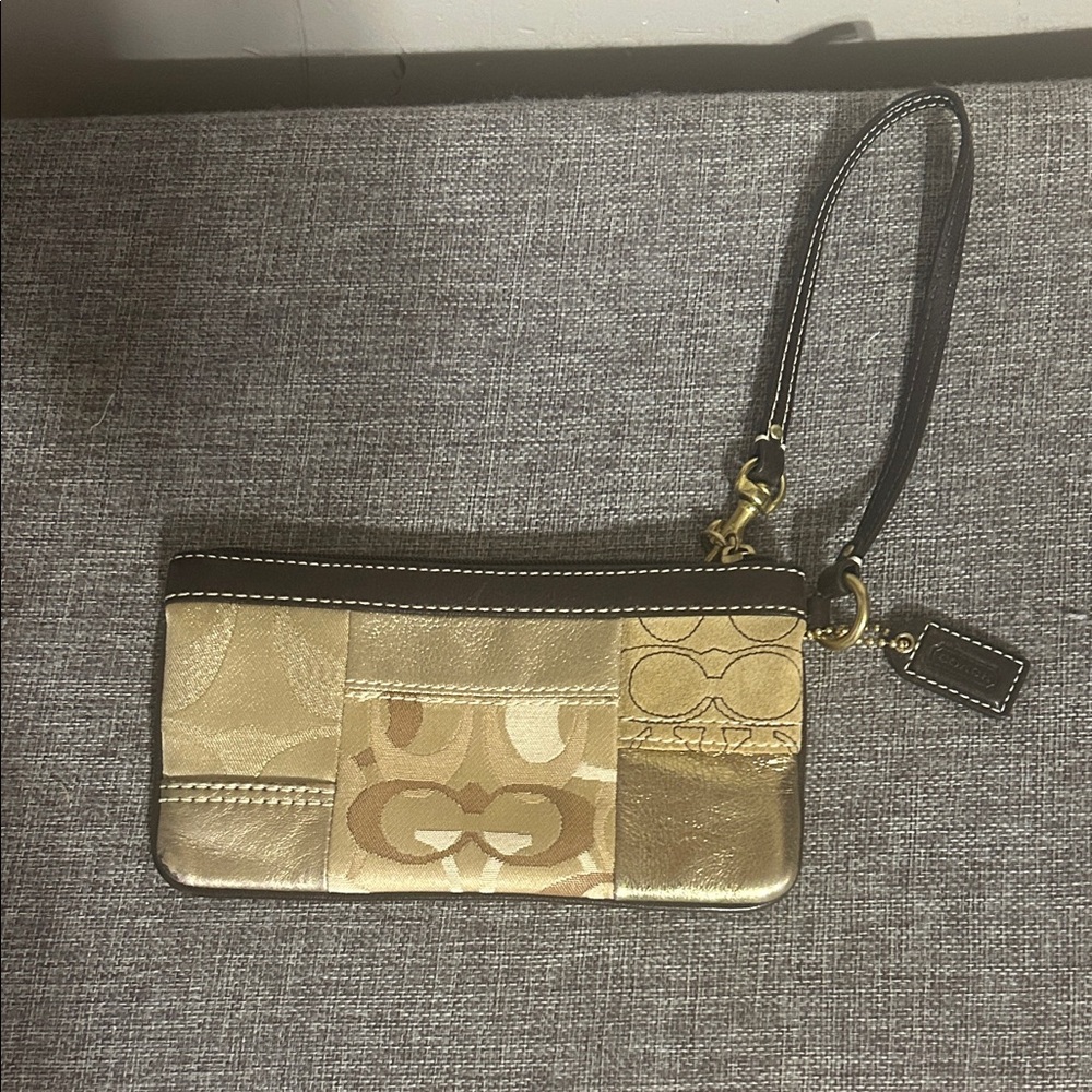 Coach Metallic Gold and Beige Patchwork Wristlet